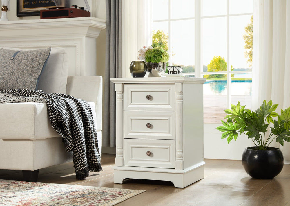English Elm Farmhouse Rustic Nightstand with Built-in Charging Station Barn Wood Grain Storage White W2393P324436