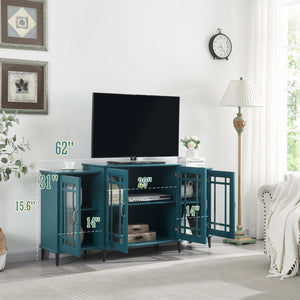 English Elm 62" Teal Blue Buffet Cabinet with Tempered Glass, Carved Doors, Adjustable Shelves & Anti-Tip Safety W96570022