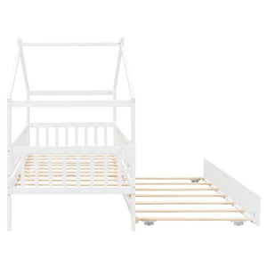 English Elm Twin House Bed with Trundle Solid Pine Frame Walnut Kids Bedroom Sleepover N708P357115K