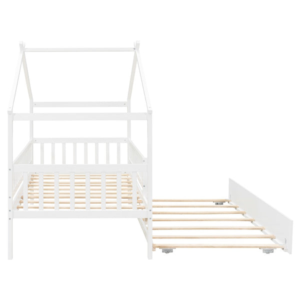 English Elm Twin House Bed with Trundle Solid Pine Frame Walnut Kids Bedroom Sleepover N708P357115K