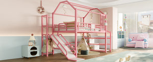 English Elm Full Full House Loft bed with Slide and Stairs, Metal House Play Loft with Storage Shelves and Quiet Design Pink W1580S00351
