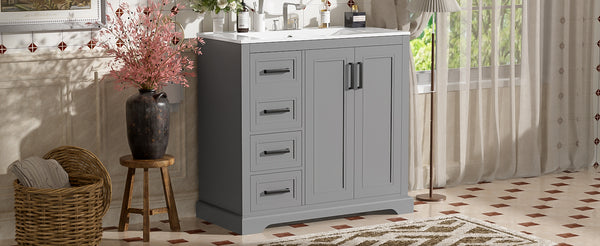 English Elm 36" Modern Bathroom Vanity with Ceramic Sink, Soft-Close Doors, 3 Drawers & Ample Storage for Small Baths Gray N729P280194E