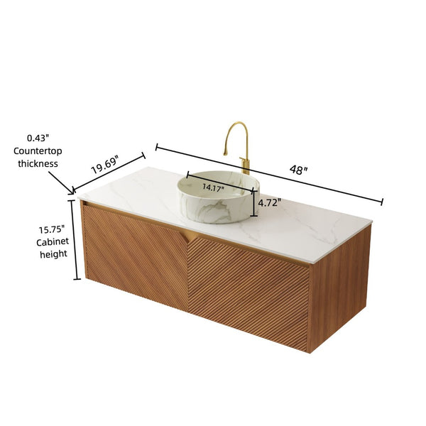 English Elm Ruben 48" Floating Bathroom Vanity With Round Ceramic Basin & Sintered Stone Top, Brown Oak Finish W2615S00483-GIGA