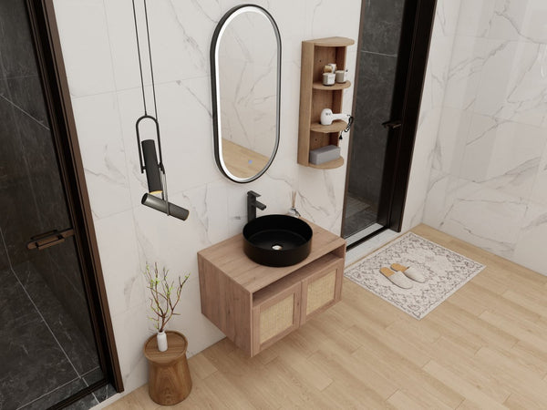 English Elm 30" Floating Bathroom Vanity Oak Finish Ceramic Vessel Sink Soft Close Plywood Cabinet W999S00502