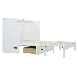 English Elm Full Size Murphy Bed Rattan Cabinet with Storage Drawers and Gold Hardware White N708S00009K