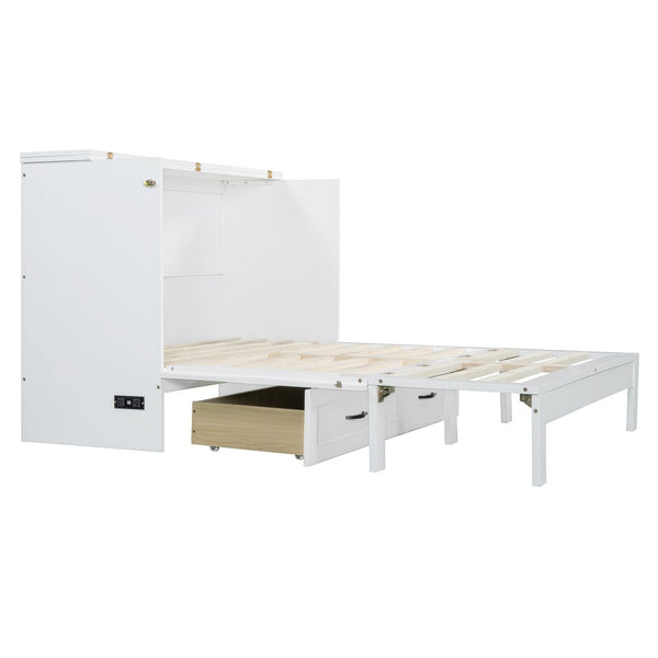 English Elm Full Size Murphy Bed Rattan Cabinet with Storage Drawers and Gold Hardware White N708S00009K