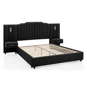 English Elm Queen Velvet Platform Bed with Tufted Headboard Integrated Nightstands and Striped Design Black W487S00441
