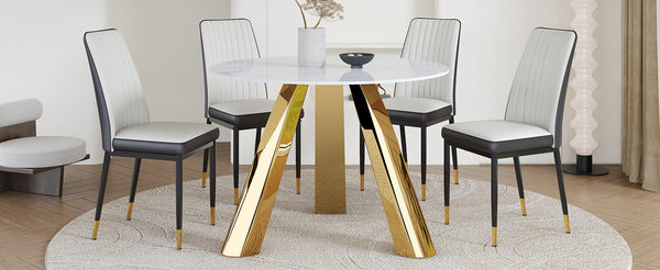 English Elm A 42-inch round dining set with stone top table and gold-plated stainless legs plus four PU chairs Gold 31 L x 19.5 W x 17.5 H W1512S00133