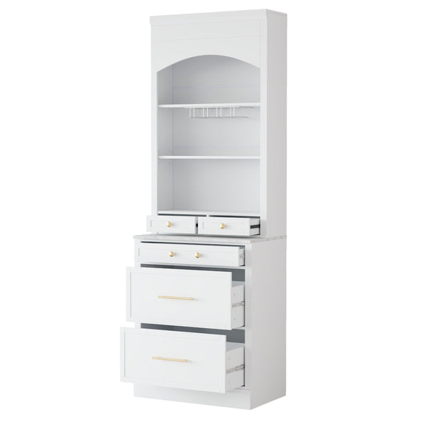 English Elm Modern Tall Kitchen Pantry Set of Two with Faux Marble Top and Glass Holders White SP000175AAK