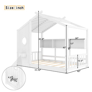 English Elm Twin House Floor Bed for Kids Montessori Playhouse with Roof, Built-In Shelf, Sturdy Pine Frame, Safeologna White 78.6 L x 16.6 W x 6.85 H N733P335064K