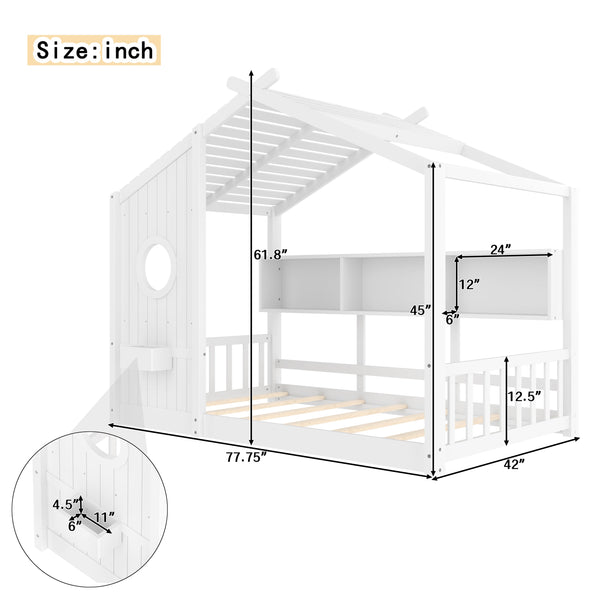 English Elm Twin House Floor Bed for Kids Montessori Playhouse with Roof, Built-In Shelf, Sturdy Pine Frame, Safeologna White 78.6 L x 16.6 W x 6.85 H N733P335064K