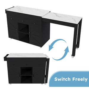 English Elm 74.8" Rolling Kitchen Island Extendable Marble Veneer Top with Power Outlet and Storage W2700S00106
