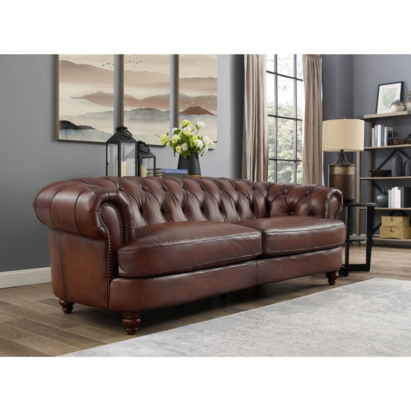 English Elm Newport Hand-Finished Leather Sofa with Nailhead Trim, Serpentine Front Rail & Turned Wood Legs B2705P211810