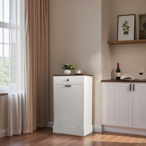 English Elm Tilt Out Trash Can Cabinet 10 Gal Hidden Tilt Design with 2 Drawers Farmhouse MDF Organizer White W3204P364054