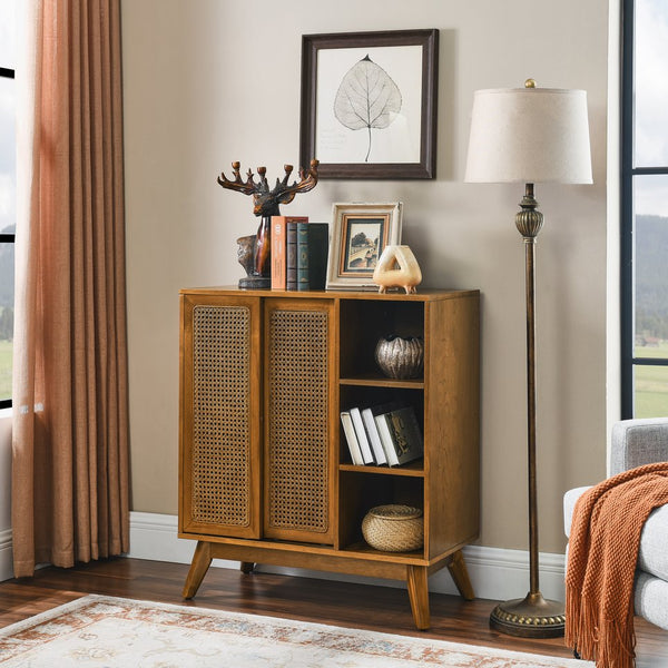 English Elm Mid Century Modern Rattan Sideboard Cabinet - Versatile Buffet For Entryway, Living Room & Dining Spaces W1801P195620