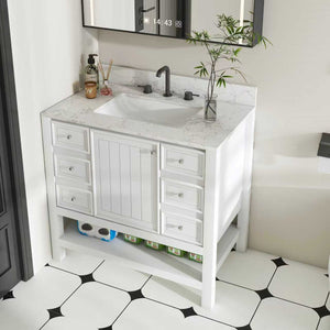 English Elm Modern 37" Bathroom Vanity With Elegant Carrara Marble Top, Storage Solutions & Quiet Operation W509S00137