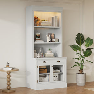 English Elm 83.4"Tall Modern Bookshelf Suite With Led Lighting - Stylish 2-Piece Storage For Home & Office Decor N751S059520K