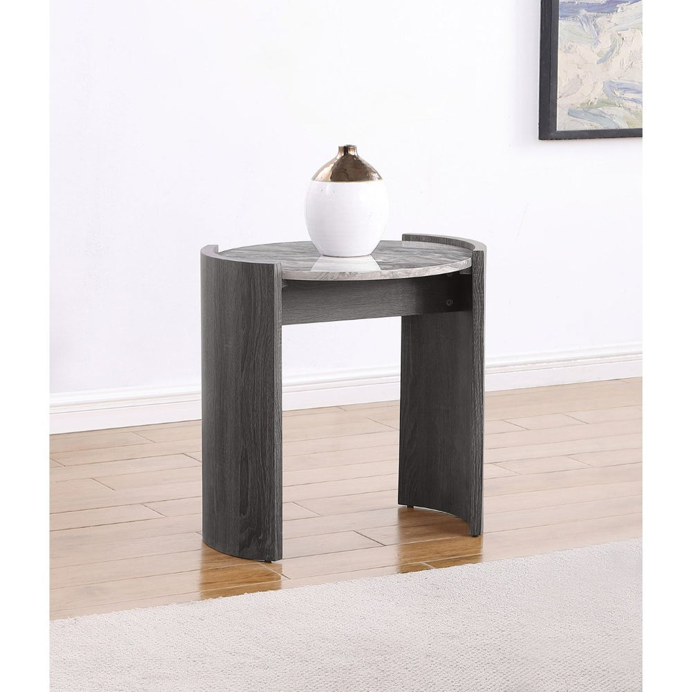 English Elm Zende Round Faux Marble End Table with Distressed Finish for Modern Living Spaces B062P441332