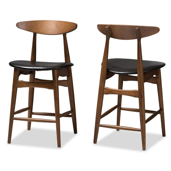 Baxton Studio Baxton Studio Modern Black Faux Leather Counter Stools Set of 2 with Stylish Walnut Finish Design Flora-Black/Walnut-Counter Stool