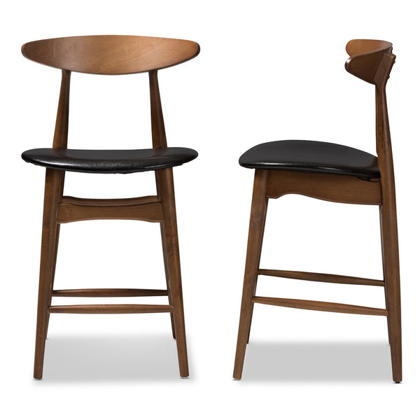 Baxton Studio Baxton Studio Modern Black Faux Leather Counter Stools Set of 2 with Stylish Walnut Finish Design Flora-Black/Walnut-Counter Stool