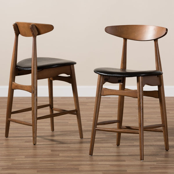 Baxton Studio Baxton Studio Modern Black Faux Leather Counter Stools Set of 2 with Stylish Walnut Finish Design Flora-Black/Walnut-Counter Stool