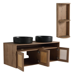 English Elm 48" Floating Bathroom Vanity Oak Finish Dual Ceramic Sinks Four Soft Close Doors W999S00505