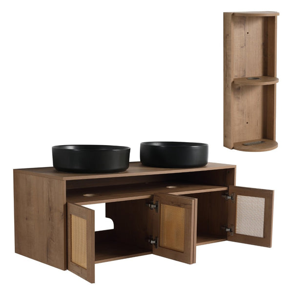 English Elm 48" Floating Bathroom Vanity Oak Finish Dual Ceramic Sinks Four Soft Close Doors W999S00505