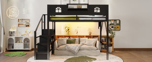 English Elm Metal Queen Loft Bed with L Shaped Desk Wardrobe Led Lighting and Usb for Teens Black W2593S00061