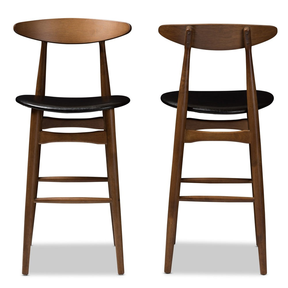 Baxton Studio Baxton Studio Flora Set of 2 Mid-Century Modern Bar Stools in Black Faux Leather & Walnut Finish Flora-Black/Walnut-BS