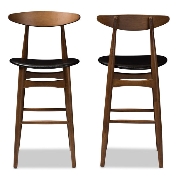 Baxton Studio Baxton Studio Flora Set of 2 Mid-Century Modern Bar Stools in Black Faux Leather & Walnut Finish Flora-Black/Walnut-BS