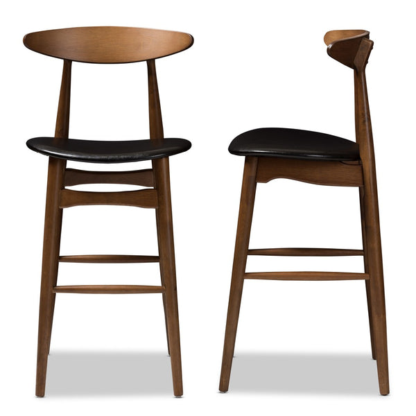 Baxton Studio Baxton Studio Flora Set of 2 Mid-Century Modern Bar Stools in Black Faux Leather & Walnut Finish Flora-Black/Walnut-BS