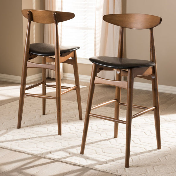 Baxton Studio Baxton Studio Flora Set of 2 Mid-Century Modern Bar Stools in Black Faux Leather & Walnut Finish Flora-Black/Walnut-BS