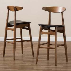 Baxton Studio Baxton Studio Flora Set of 2 Mid-Century Modern Bar Stools in Black Faux Leather & Walnut Finish Flora-Black/Walnut-BS