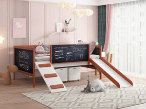 English Elm Aurea Cherry Oak & White Twin Loft Bed with Slide, Built-In Chalkboards, Storage Toy Boxes, Ladder B2726S00077