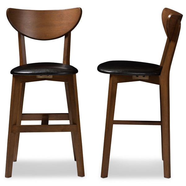Baxton Studio Baxton Eline Set of 2 Mid-Century Modern Black Faux Leather Counter Stools with Walnut Finish Leena-Black/Walnut-Counter Stool