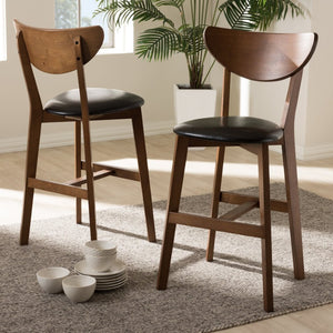 Baxton Studio Baxton Eline Set of 2 Mid-Century Modern Black Faux Leather Counter Stools with Walnut Finish Leena-Black/Walnut-Counter Stool