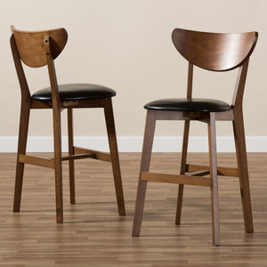 Baxton Studio Baxton Eline Set of 2 Mid-Century Modern Black Faux Leather Counter Stools with Walnut Finish Leena-Black/Walnut-Counter Stool