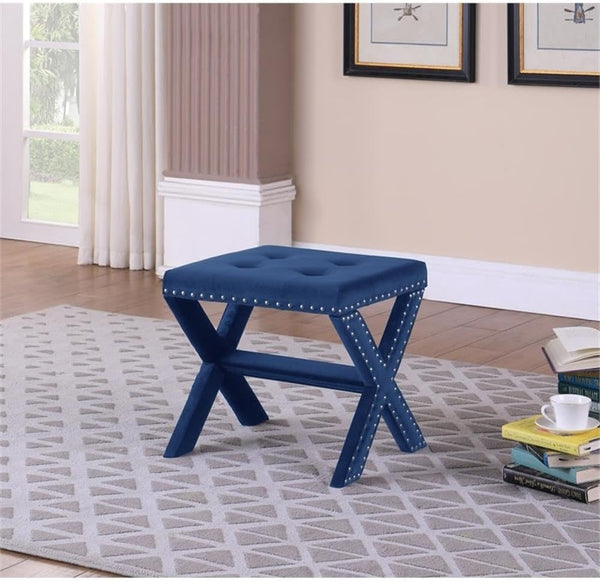 English Elm Velvet Small Tufted Accent Bench with Nailhead Trim and X-Leg Frame, Plush Foam Seat for Entryway Blue 20 L x 19 W x 7 H B011P357491
