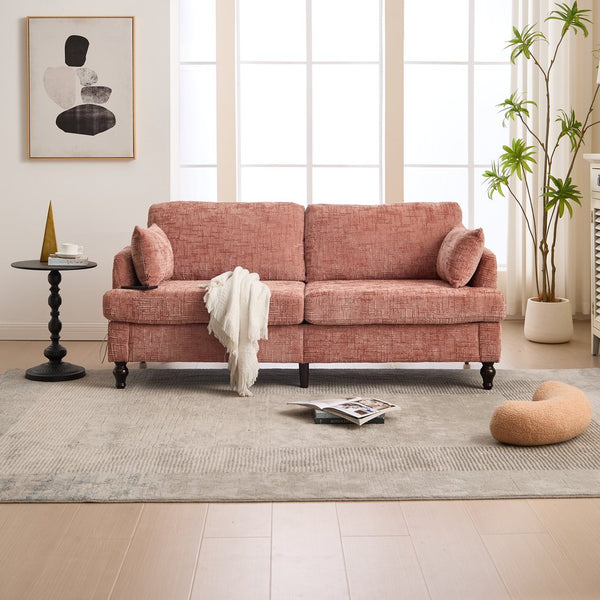 English Elm Modern chenille 2-seater sofa with LED, USB charging, storage pocket, solid wood legs, durable comfort Pink W395P318541
