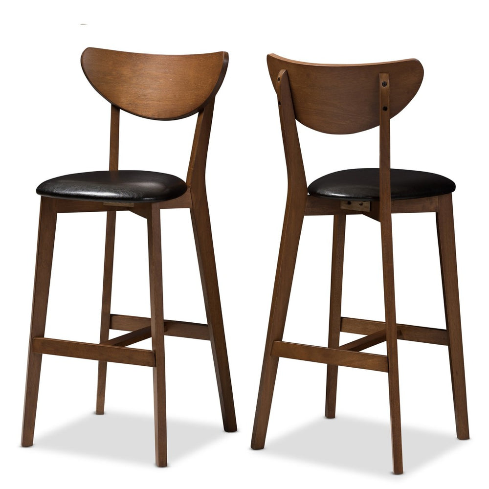 Baxton Studio Baxton Studio Eline Set of 2 Mid-Century Modern Bar Stools in Black Faux Leather & Walnut Finish Leena-Black/Walnut-BS