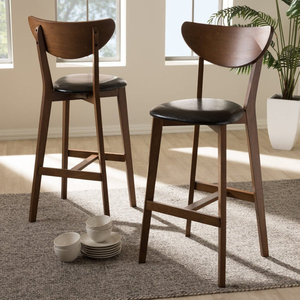 Baxton Studio Baxton Studio Eline Set of 2 Mid-Century Modern Bar Stools in Black Faux Leather & Walnut Finish Leena-Black/Walnut-BS