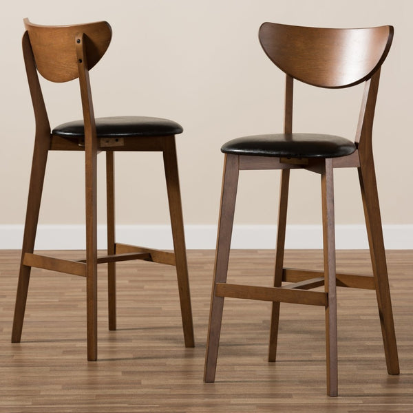 Baxton Studio Baxton Studio Eline Set of 2 Mid-Century Modern Bar Stools in Black Faux Leather & Walnut Finish Leena-Black/Walnut-BS