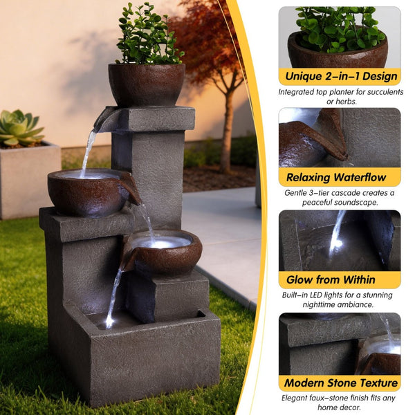 English Elm Outdoor Cascading Tiered Resin Stone Fountain with Led Lights and Integrated Planter W5397P462032