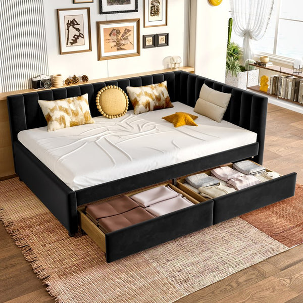 English Elm Full Velvet Daybed with Storage Drawers, L-Shape Upholstered Corner Frame, Black, No Box Spring Needed W1670S00025