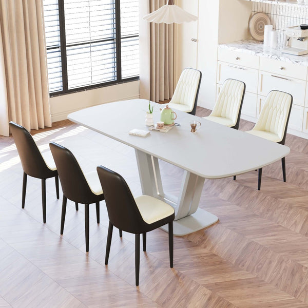 English Elm 62.99-78.74" Extendable Dining Table Set Seats 8 with Six Pu Upholstered Cushioned Chairs Beige+Grey,Black W2189S00857