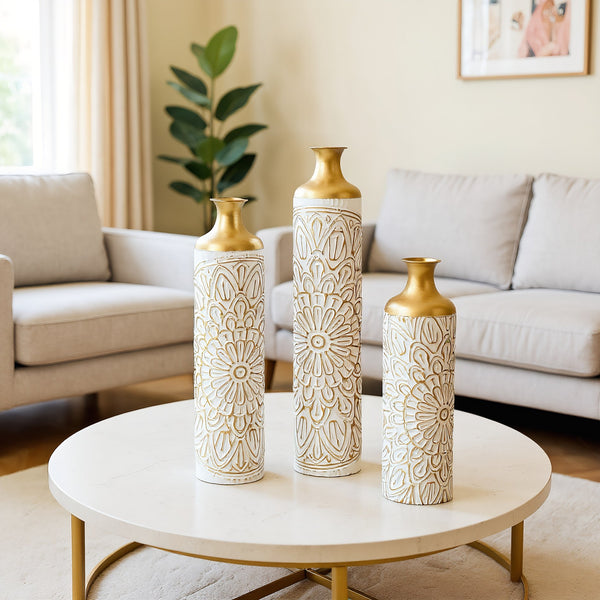 English Elm Floor Glam Metal Vase Set 3-Piece Gold & White Droplet Sculptural Floor Vases Tall Modern Décor W2796P321401