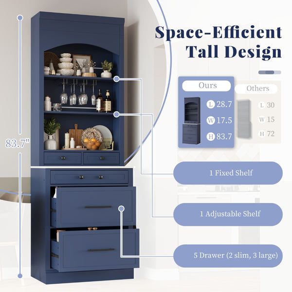 English Elm Modern Tall Kitchen Pantry Set of Two with Faux Marble Top and Glass Holders Blue SP000175AAC