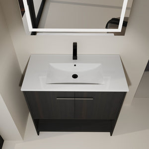 English Elm 36" Bathroom Vanity With Ceramic Sink, Soft-Close Doors, Modern Plywood Cabinet & Open Shelf Storage W1972S00020