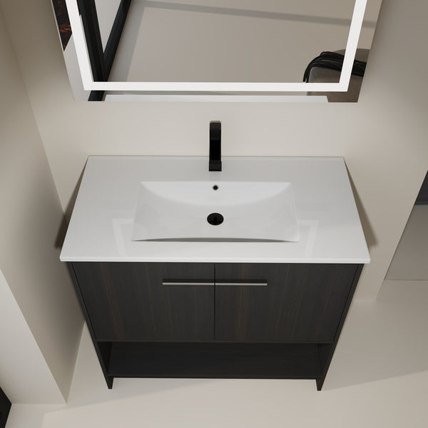 English Elm 36" Bathroom Vanity With Ceramic Sink, Soft-Close Doors, Modern Plywood Cabinet & Open Shelf Storage W1972S00020