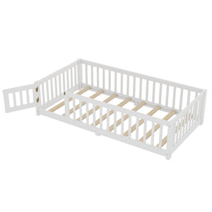 English Elm Twin Twin Size Floor Bed with Safety Guardrails and Playful Door for Kids, Pine/Plywood, Low Profile White W1580P338944